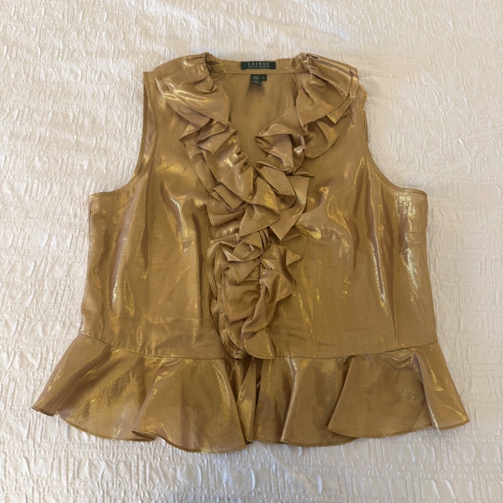 Lauren Ralph Lauren Gold Metallic Silk Blend Ruffle Peplum Blouse Top Size 16 - Picture 4 of 9